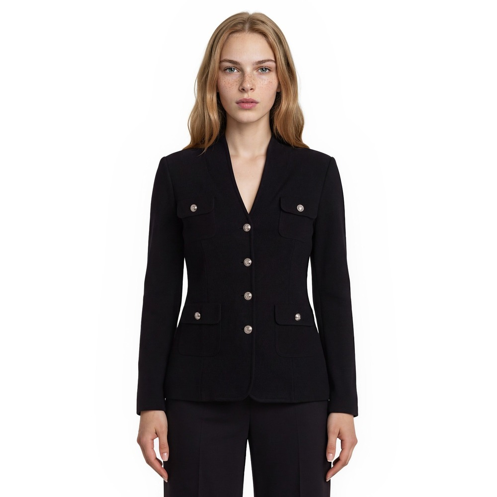 St. John Knit Jacket Women's Size 8 Black Silver Crest Button Blazer Vintage